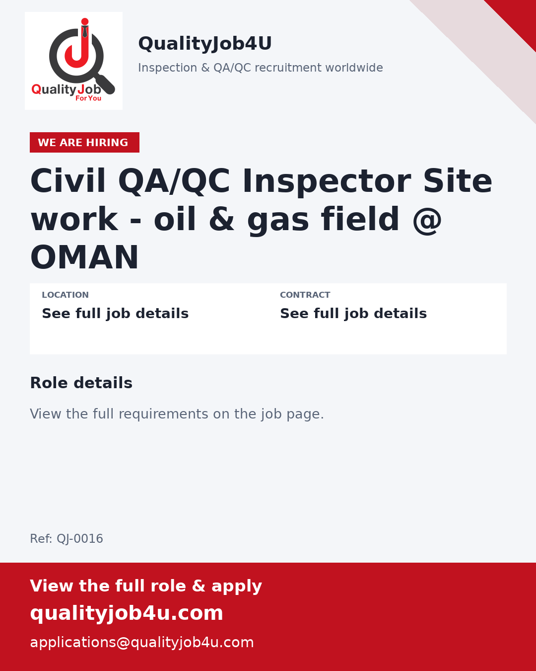 صورة المشاركة لوظيفة مفتش QA/QC مدني - أعمال الموقع في حقل نفط وغاز - عُمان