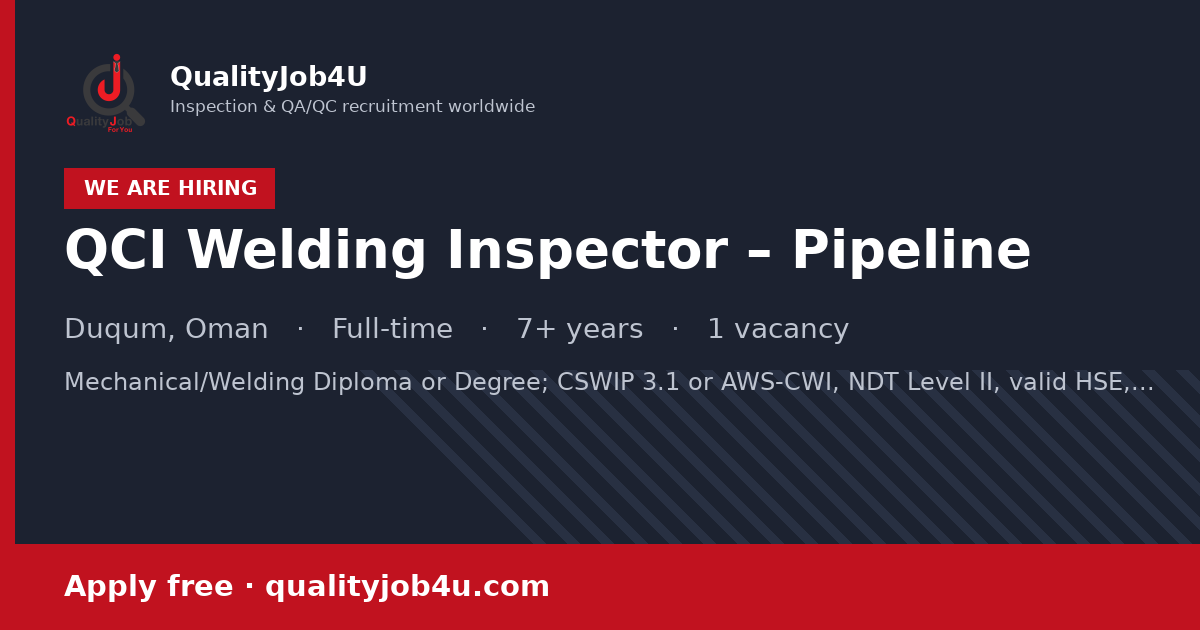 Immagine da condividere per QCI Welding Inspector – Pipeline