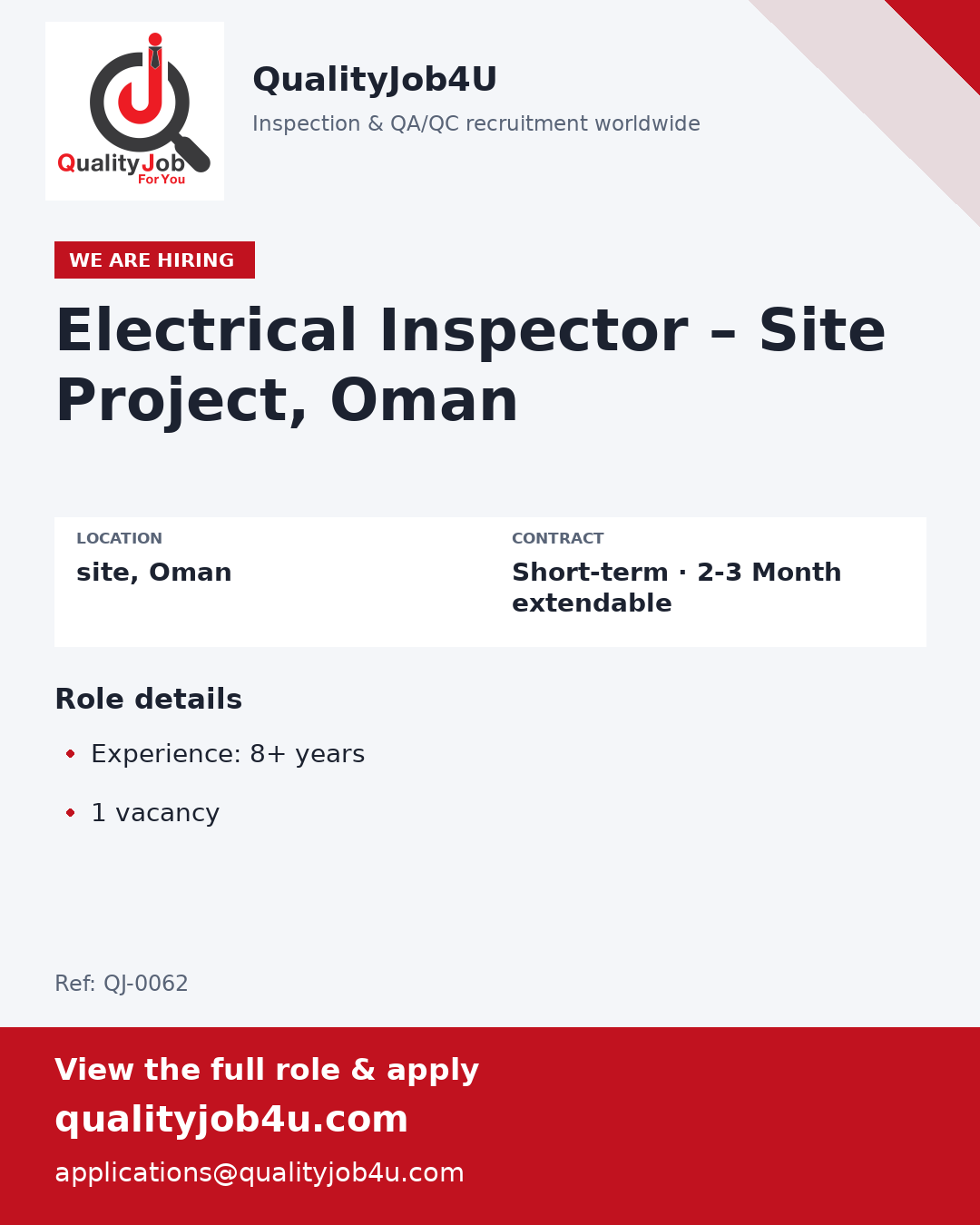 Electrical Inspector – Site Project, Oman için paylaşım görseli